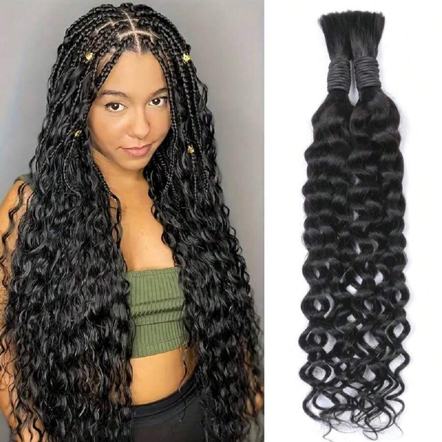 Human Braiding Hair 50g 16-24inch Deep Water Wave Bulk Human Hair For Braiding No Weft Bundle 12A Brazilian Virgin Curly Human Hair Extensions For Boho Braids Wet And Wavy Human Hair Braiding Hair - Natural Black - 查看 1
