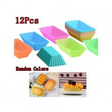 12件随机彩色长方形硅胶蛋糕杯模具混色套装厨房烘焙用具布丁果冻模型 - 彩色 - 查看 4