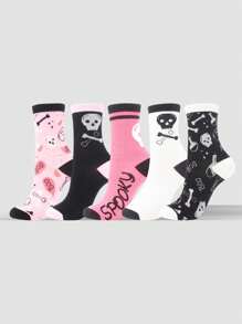 4/5/10 Pairs Women's Mid-Calf Socks, Spring/Summer, Cuffed, Allover Cherry/Fruit Print, Pink Cute & Sweet, Romantic Elegant Cartoon Bone Letter Happy Socks, Soft Breathable Everyday Wear, Fashion Casual Street Sporty Hiking Basketball Yoga Knee High Socks, Suitable For Halloween, Back To School, Fall - Multicolor - View 6