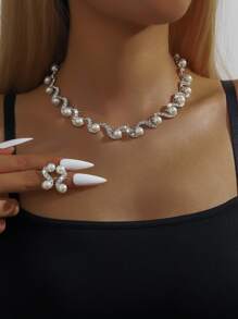 S-Shaped Faux Pearl Earrings Necklace Set