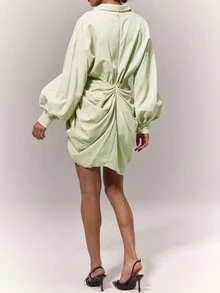 Solid Drop Shoulder Ruched Wrap Hem Shirt Dress