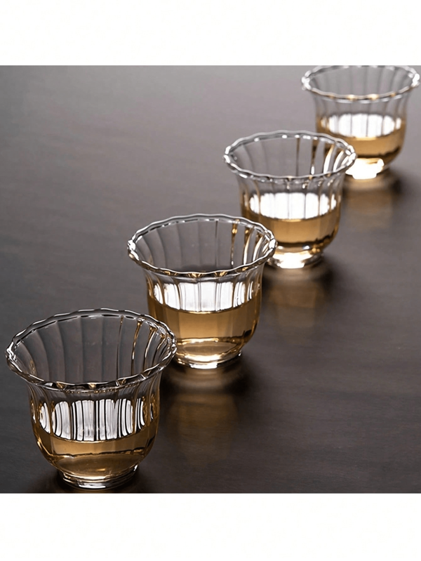 Glass Teacup Set, Striped High Borosilicate Glass, Glass Flower Shaped Cup, Small Dining Room Water Cup, Reusable, Leak-Proof, Insulated, Lead-Free, Suitable For Many Uses - Machine Washable, Gift Giving