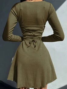 女士纯色圆领荷叶边下摆修身迷你连衣裙，女士秋季连衣裙，返校装，Y2K 2000 年代风格，外出休闲连衣裙，万圣节服装 - 綠色 - 查看 4