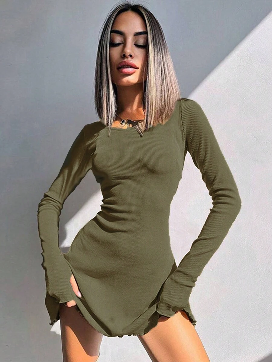 女士纯色圆领荷叶边下摆修身迷你连衣裙，女士秋季连衣裙，返校装，Y2K 2000 年代风格，外出休闲连衣裙，万圣节服装 - 綠色 - 查看 1