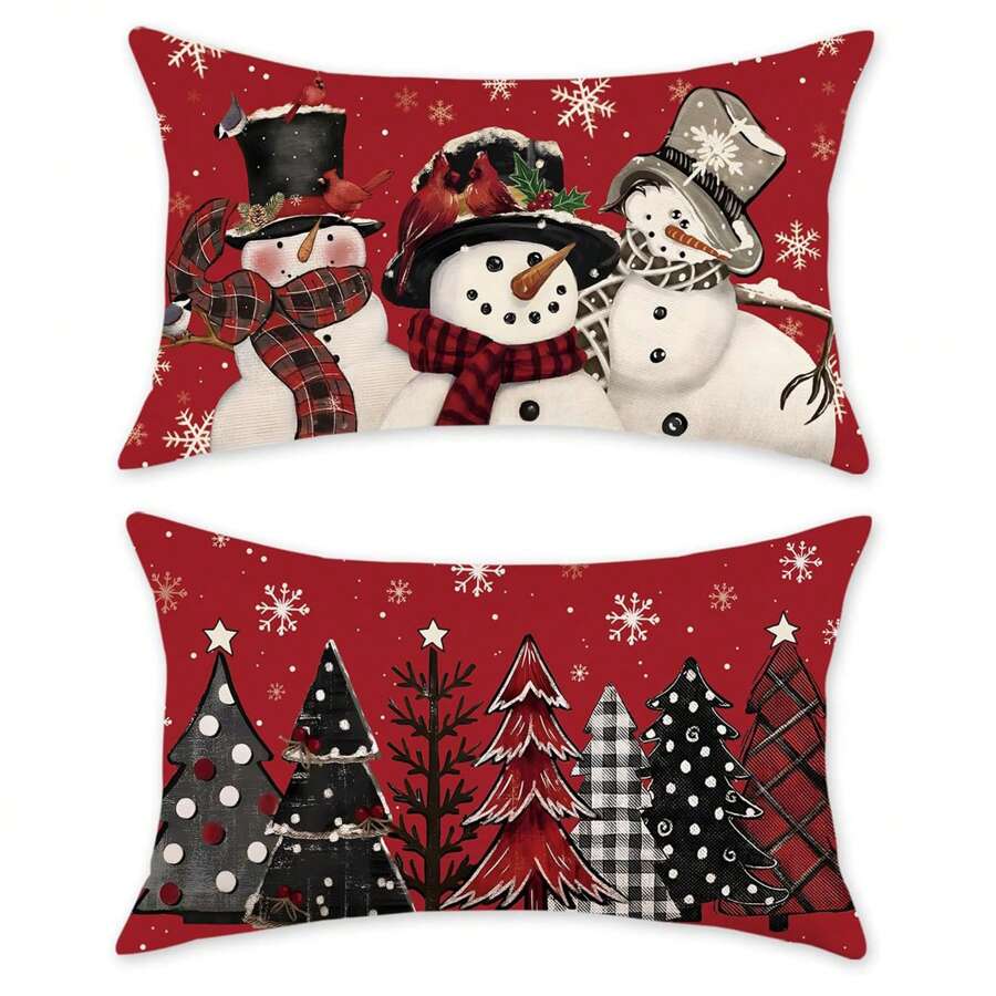 2 Stücke rote Weihnachten Kissenbezüge, Weihnachtsbaum & Schneemann Kissenbezüge Winterurlaub Land Deko Lendenkissen Bezug für Sofa Heimdekoration ohne Kissenkern auf einer Seite