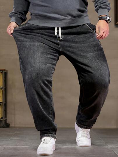 Pantalones vaqueros de pierna recta holgados con cordón en la cintura para hombres de talla grande, pantalones casuales largos, estilo grunge