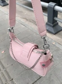 Y2K Fashionable Versatile Star & Moon Design Unique Silver Millennium Shoulder Chain Crossbody Bag, Perfect For Streetwear, Parties, And Gifts. Starry Print Women Handbag, Y2K Style Bag, 2000s Fashion, Goth Punk Style , Punk - Pink - View 12