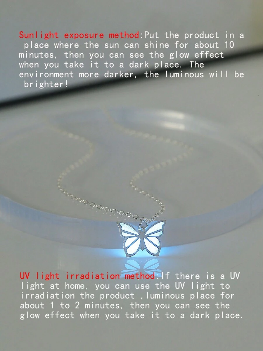 Nooxian 1 件时尚简约想象别致铜镀银滴油夜光蝴蝶吊坠项链女士（吸收光后发光，不吸收光则不发光） - 銀色 - 查看 1
