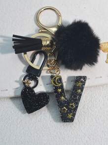 1 件树脂星空环氧字母钥匙扣，带流苏和黑色毛球装饰，送给朋友和母亲的礼物，汽车配件包饰，书包挂绳，带身份证夹，汽车配件包饰 - 黑色 - 查看 15