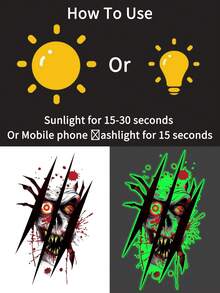 1 Mảnh, Tiệc Halloween, Đầu Lâu Phát Sáng, Zombie Phát Sáng, Hình Xăm Tạm Thời Cho Nam Và Nữ, Hình Xăm Tạm Thời Halloween Phát Sáng - Nhiều Thiết Kế Độc Đáo, Không Thấm Nước Và Bền, Hoàn Hảo Cho Các Bữa Tiệc Và Trang Trí - Nhiều màu - Xem 4