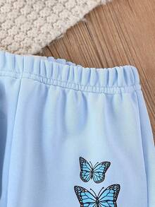 2 件套年轻女孩休闲蝴蝶印花连帽衫和裤子套装，适合春秋季节，运动、休闲、日常、户外、学校、派对 - 藍色 - 查看 6