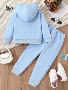 2 件套年轻女孩休闲蝴蝶印花连帽衫和裤子套装，适合春秋季节，运动、休闲、日常、户外、学校、派对 - 藍色 - 查看 2