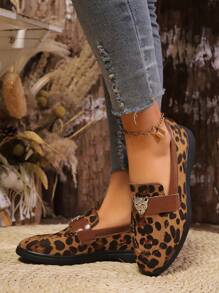 秋冬女式新款棕色豹纹乐福鞋，轻便柔软的鞋底，一脚蹬，时尚休闲户外莫卡辛平底鞋，别致的装饰豹头设计 - 棕色 - 查看 4