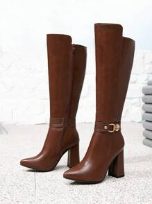 女士新款尖头粗跟时尚深棕色连衣裙靴，侧拉链设计，过膝长靴，适合秋冬季节，也适合万圣节、圣诞节、感恩节、新年等场合。 - 棕色 - 查看 3