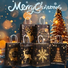 6/12/18/24pcs/Set 21*15*8CM Christmas Kraft Paper Gift Bags, Different Style Christmas Wrapping Paper Bags, Christmas Gift Bags With Handles, Reusable Candy Snack Bags, Bulk For Holiday Party Gifts
