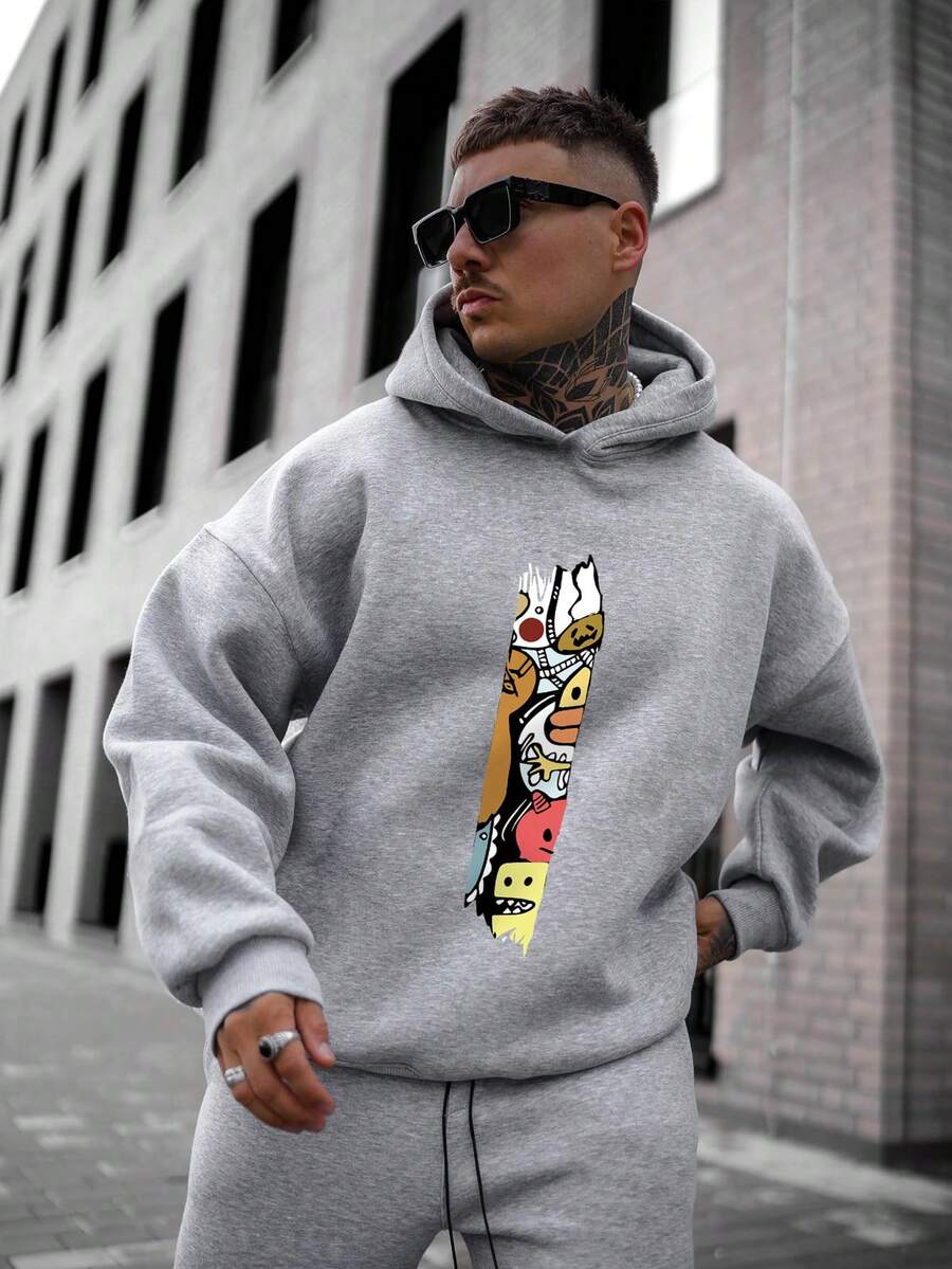 Men's Graphic Print Hooded Long Sleeve Sweatshirt, Fall/Winter - Grey - View 1