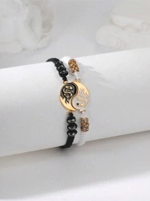 2 Stücke Schwarz-Weiß handgefertigte geflochtene Paar Armband mit Tai Chi, Acht Trigrammen und Drachentotem mit Strasssteinen