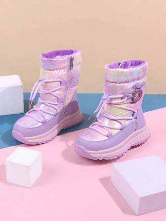 1 双紫色女童雪地靴卡通图案，防水中筒靴，适合女童户外保暖内衬防滑耐磨鞋，适合冬季