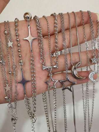 6st Kpop Vintage Silver Färg Star Moon Pendant Chain Halsband För Kvinnor Goth Punk Estetiska Grunge Smycken Y2K EMO Tillbehör