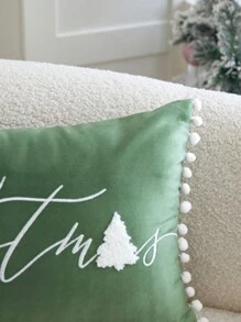 1pc Christmas Green Christmas Tree Letter "MERRY Christmas" Embroidered Decorative Pillow Cover, Suitable For Indoor Decor, Christmas Decor Pillowcase, Without Insert - Green - View 3