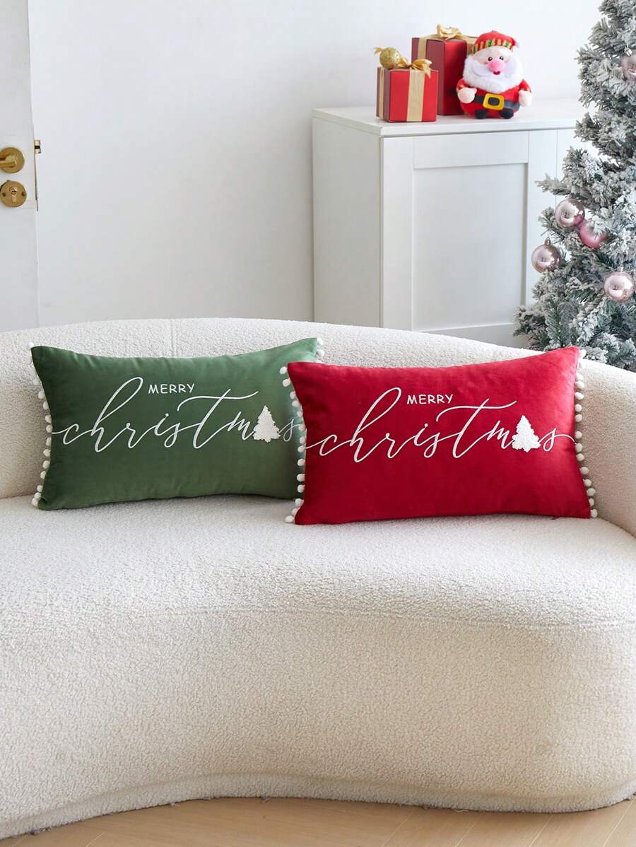 1pc Christmas Green Christmas Tree Letter "MERRY Christmas" Embroidered Decorative Pillow Cover, Suitable For Indoor Decor, Christmas Decor Pillowcase, Without Insert