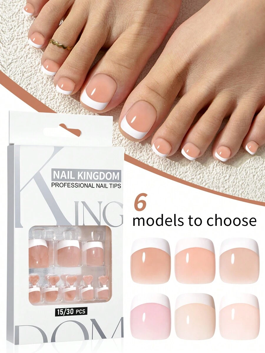 Nail Kingdom 24 chiếc móng chân giả đầu nhọn kiểu Pháp, móng chân giả hình vuông ngắn, móng chân giả đầu nhọn kiểu Pháp màu trắng, móng chân giả để trang trí móng chân - Nhiều màu - Xem 1