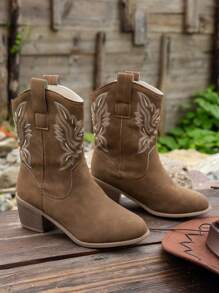 Giày bốt cao gót mũi nhọn kiểu phương Tây cho nữ, thiết kế thêu, bốt cổ ngắn phong cách Âu Mỹ cổ điển có gót họa tiết gỗ, thích hợp cho đi bộ ngoài trời và đi làm hàng ngày, mới cho mùa thu/đông - màu nâu - Xem 5