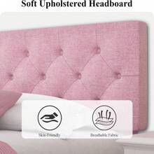 Upholstered Bed Frame With Headboard, Linen Fabric Bed Frame With Button Tufted Headboard, No Box Spring Needed, Easy Assembly, Twin/ Full/ Queen/ King, Beige/ Pink/ Dark Grey/ Grey/ Blue/ Cream/ Black - 粉色 - 查看 2