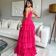 Ruffled Party Dress For Bridesmaid/Graduation - Màu Hồng Tươi - Xem 2