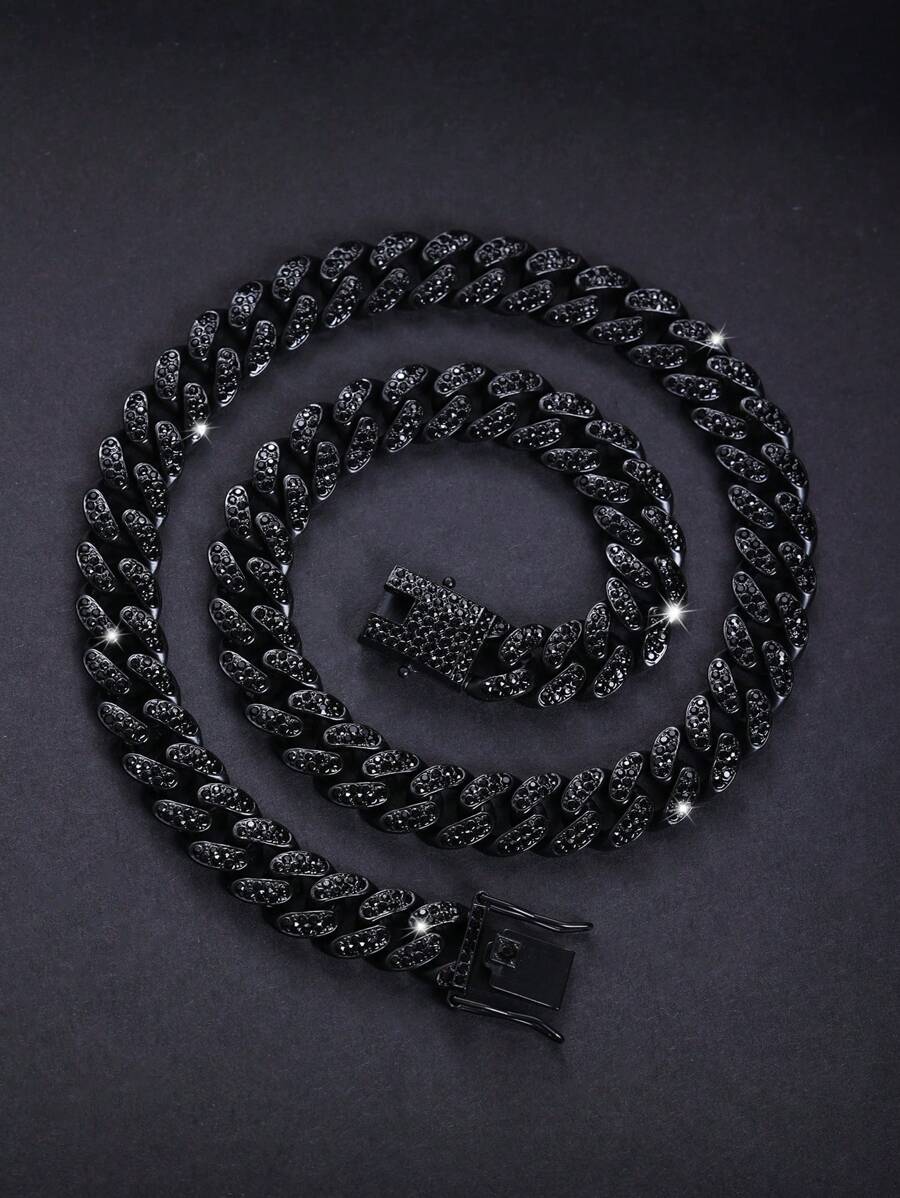 1pc Miami Cuban Link Chain, Fully Black With Embedded Shiny Black Diamonds, Unique Dark Cuban Necklace Bracelet, Best Gift For Father, Brother, Boyfriend - B - View 1