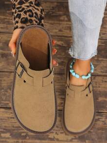 女士方形扣厚底穆勒凉鞋，时尚软底舒适休闲一脚蹬鞋 - 駝色 - 查看 6