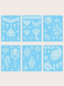 6片蓝色夜光蝴蝶临时纹身贴纸，蕾丝蝴蝶海娜美甲贴纸，防水，可持续2-5天 - 白色 - 查看 2