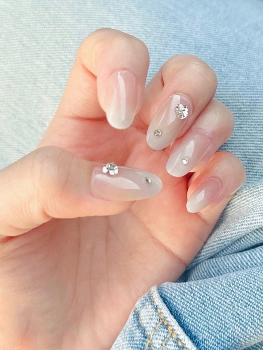 Bộ 24 miếng dán móng tay nghệ thuật hình quan tài ngắn màu nude gradient màu trắng đính đá, trang trí cho tiệc tùng và mặc hàng ngày, kèm 1 miếng keo dán thạch, quà tặng cho bé gái và quý cô - Nhiều màu - Xem 1
