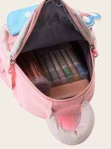 New Cute Cartoon Pattern Print Color Block Nylon Backpack, Versatile Large Capacity Zipper Closure Outdoor Travel Vacation Backpacks, Lightweight Casual Multi-Pocket Campus Bookbag For Elementary Students Backpack, Backpack, School Backpack, Rucksack, School Bag, Bookbag, Bag, Dinosaur Bag Perfect For School Pink Mini Backpack - Pink - View 3