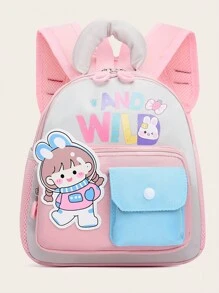 New Cute Cartoon Pattern Print Color Block Nylon Backpack, Versatile Large Capacity Zipper Closure Outdoor Travel Vacation Backpacks, Lightweight Casual Multi-Pocket Campus Bookbag For Elementary Students Backpack, Backpack, School Backpack, Rucksack, School Bag, Bookbag, Bag, Dinosaur Bag Perfect For School Pink Mini Backpack - Pink - View 7