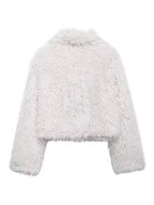 HH Women Fashion Cropped Faux Fur Jacket Coat Long Sleeve Front Snap-Button Female Outerwear Chic Lapel Collar Thick Coat - White - View 3