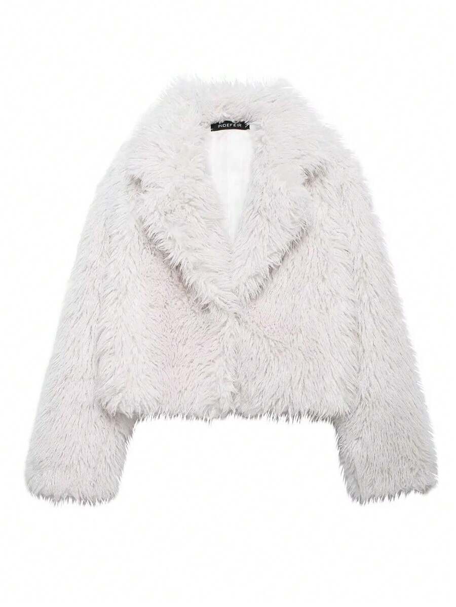 HH Women Fashion Cropped Faux Fur Jacket Coat Long Sleeve Front Snap-Button Female Outerwear Chic Lapel Collar Thick Coat