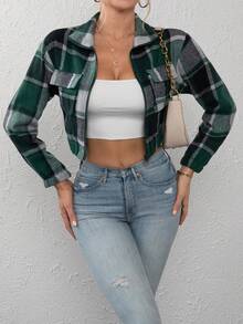 女士格子长袖拉链立领休闲短夹克，秋季