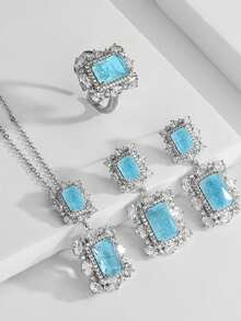 rakol 4 件方晶锆石简约银色首饰套装：耳环、项链和手链 - 藍色 - 查看 2