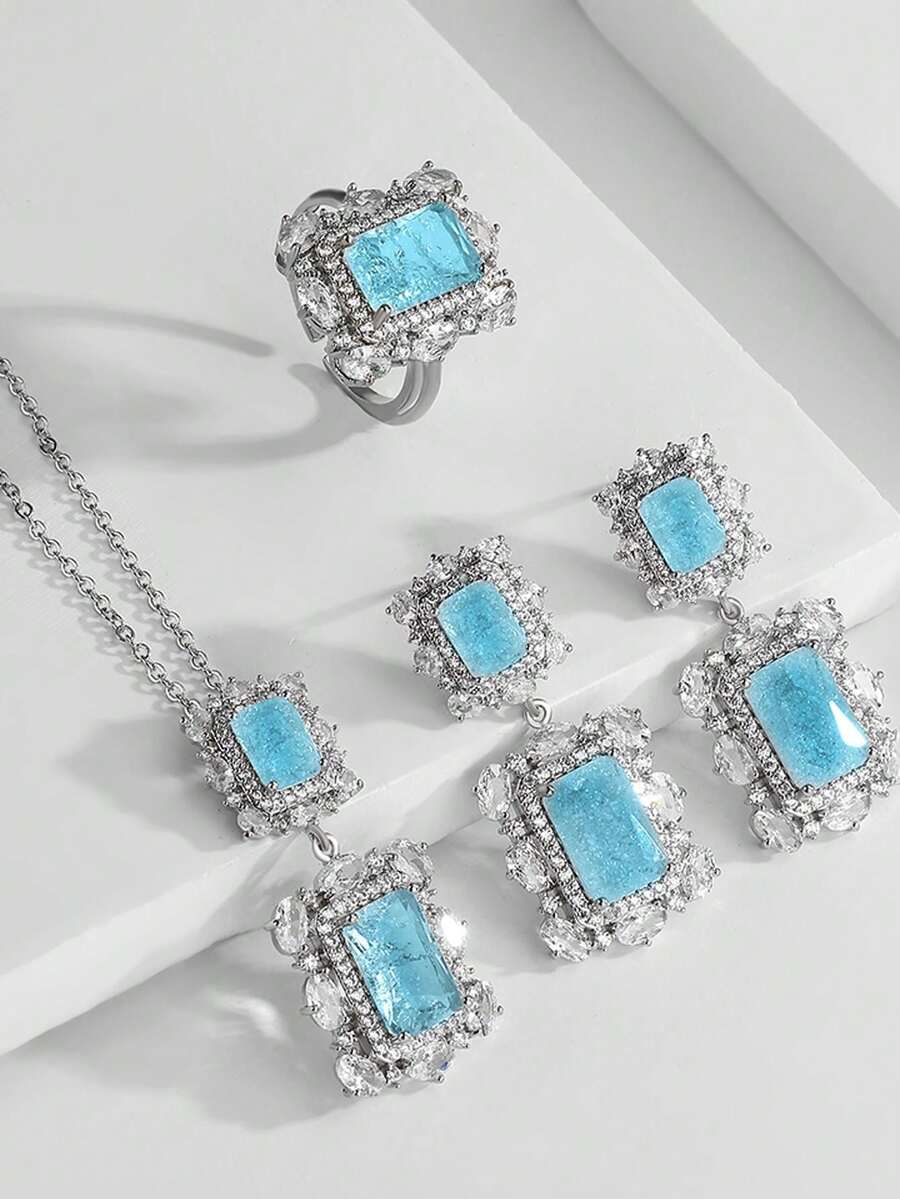 rakol 4 件方晶锆石简约银色首饰套装：耳环、项链和手链