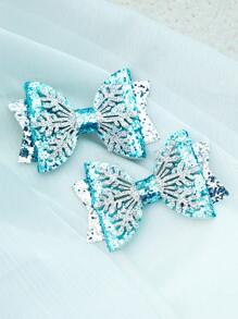 قطعتان من مشابك الشعر بشكل فيونكة زرقاء، إكسسوارات شعر مزينة بنجمات الثلج اللامعة، زينة شعر عصرية لرأس السنة، مناسبة كهدايا لحفلات الأطفال - دبوس الشعر القوس - مشاهدة 5