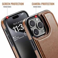 棕色兼容 iPhone iPhone 15 14 Plus 13 12 11 Pro Max 钱包式手机壳带卡夹，PU 皮革支架卡槽手机壳，双磁扣防震保护套，卡其色 - 卡其色 - 查看 6