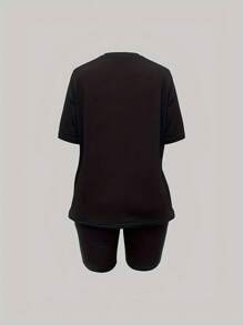 Plus Size Women's T-Shirt Casual Summer Two Piece Set - Butterfly Heart Graphic Round Neck Short Sleeve T-Shirt And Shorts - 黑色 - 查看 2