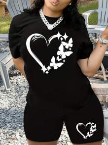 Plus Size Women's T-Shirt Casual Summer Two Piece Set - Butterfly Heart Graphic Round Neck Short Sleeve T-Shirt And Shorts - 黑色 - 查看 1