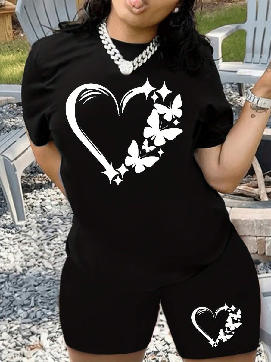 Plus Size Women's T-Shirt Casual Summer Two Piece Set - Butterfly Heart Graphic Round Neck Short Sleeve T-Shirt And Shorts - 黑色 - 查看 1