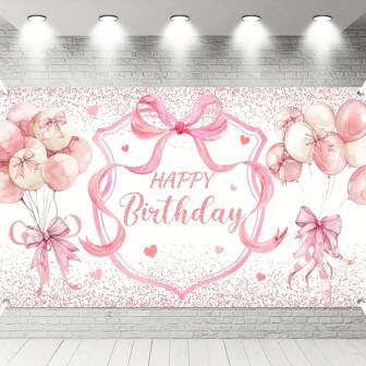 Pancarta de feliz cumpleaños, decoraciones de fiesta de cumpleaños con lazo rosa, fondos de fotografía para fiesta de cumpleaños, decoración rosada para despedida de soltera, letrero con globos de purpurina para suministros lindos