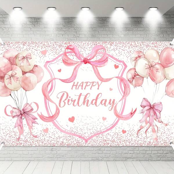 Happy Birthday Banner Pink Bow Birthday Decorations Birthday Party Photography Backgrounds Pink Bachelorette Decor Glitter Balloon Sign For Cute Supplies