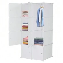 Stackable Plastic Cube Storage Shelves - 8 Cube Organizer, Multifunctional Modular Closet Cabinet Design With Hanging Rod White - White - View 2