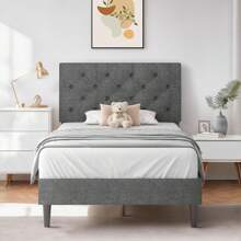 HOMBCK Estructura de cama tapizada con cabecero, estructura de cama de tela de lino con cabecero capitoné, sin somier, fácil montaje, tamaño individual/matrimonial/queen/king, beige/rosa/gris oscuro/gris/azul