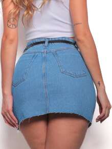 Denim Skirt With Belt, Simple Style Women's 2008 Pengmoda - 中等水洗藍 - 查看 3